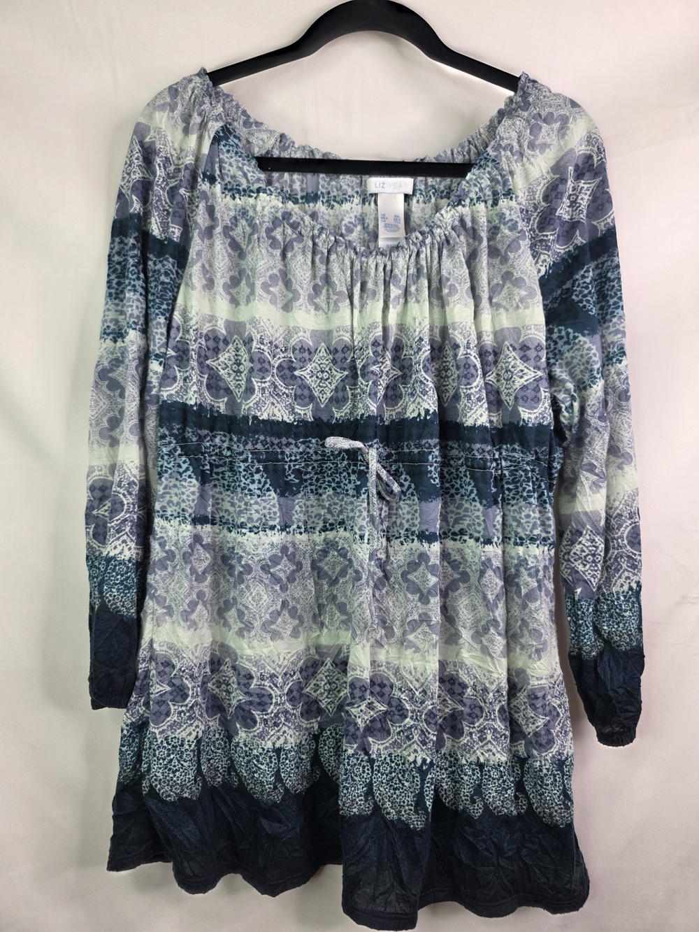 Liz Wear Plus 2X XXL Navy & Light Blue Patterned Peasant Tunic Top